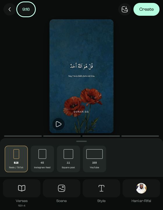 Quran.GG aspect ratio picker showing 9:16, 4:5, 1:1, and 16:9 options