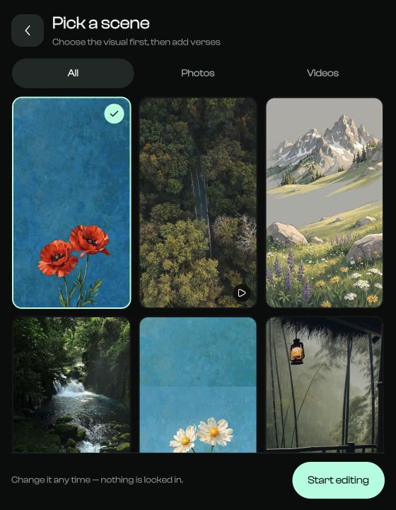 Quran.GG Pick a scene screen with photo and video background choices