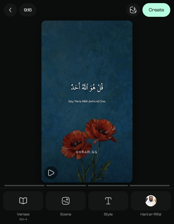 Quran.GG live vertical video preview with Arabic ayah, English translation, scene, and editor tools