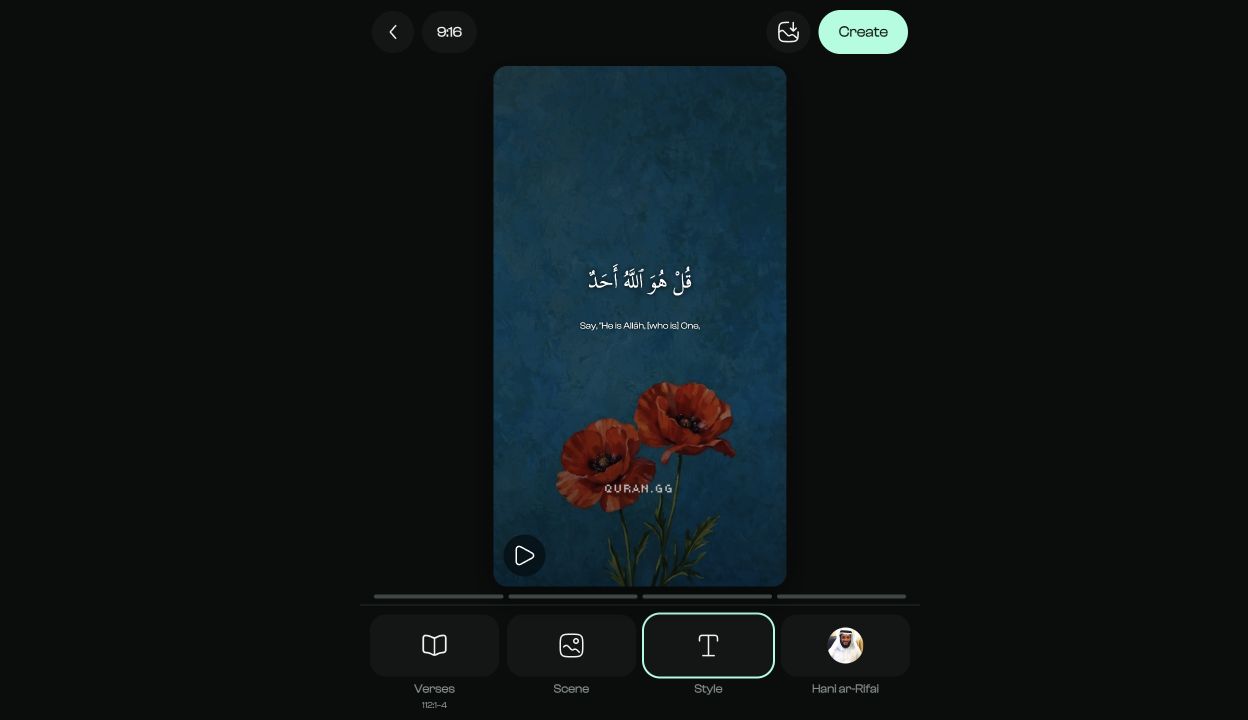 Quran.GG video editor showing Surah Al-Ikhlas with Arabic text, English translation, recitation, and a floral background