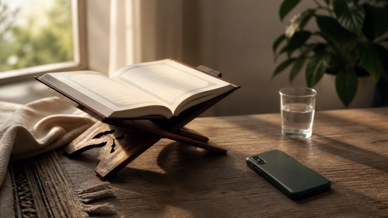 An open Quran on a wooden stand beside a face-down phone in a quiet, sunlit reading space