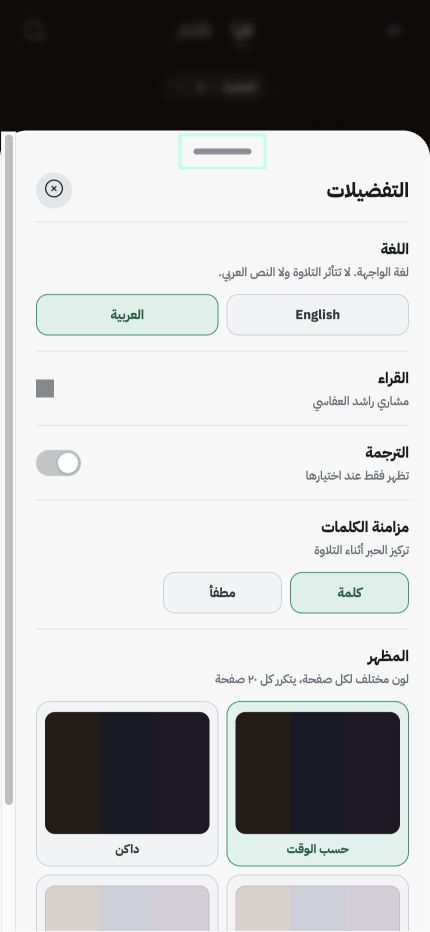 تفضيلات القراءة العربية في Quran.GG وتضم اللغة والقارئ والترجمة ومزامنة الكلمات والمظهر