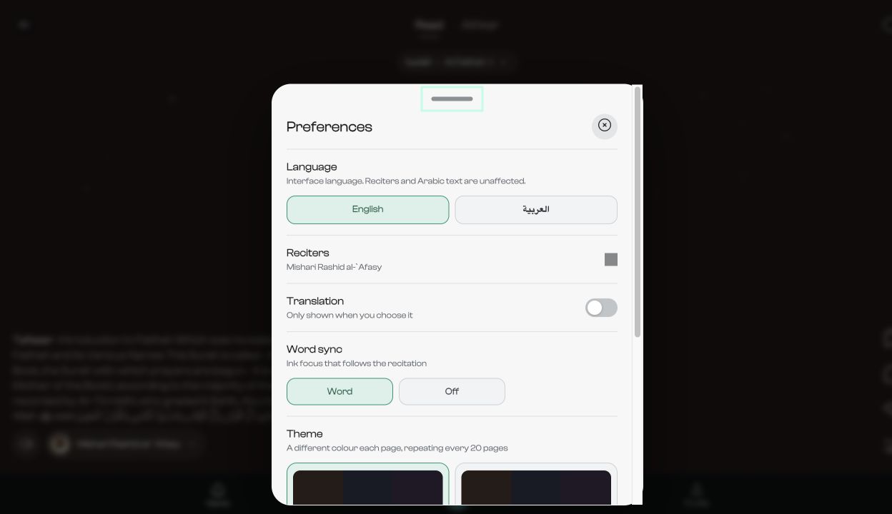 Quran.GG reading preferences with language, reciter, translation, word sync, and theme controls